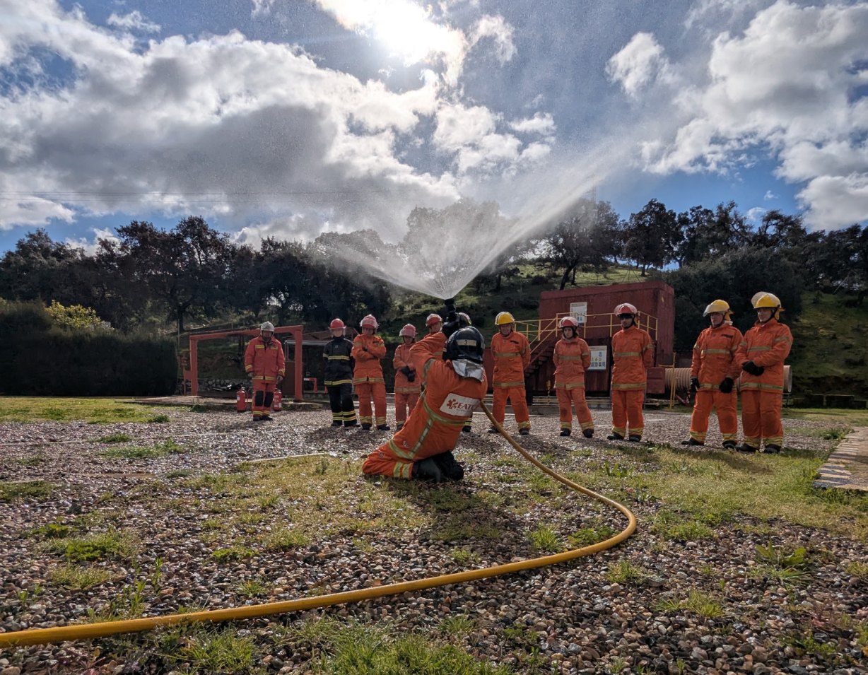Fire team hose drill during training