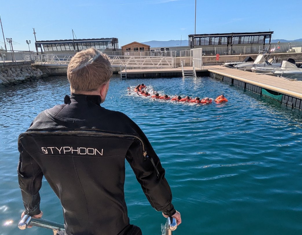 James Daniel Holman on the pontoon during a sea survival drill